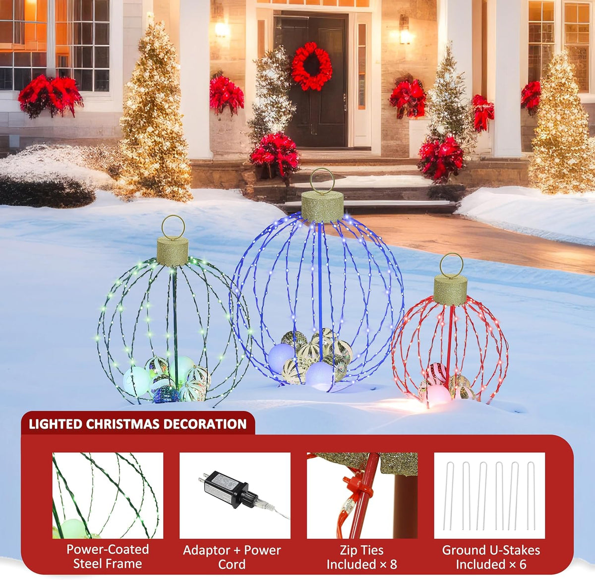 Outdoor Christmas Decorations, Set of 3 Lighted Christmas Ball Ornaments with 570 LED Lights, 6