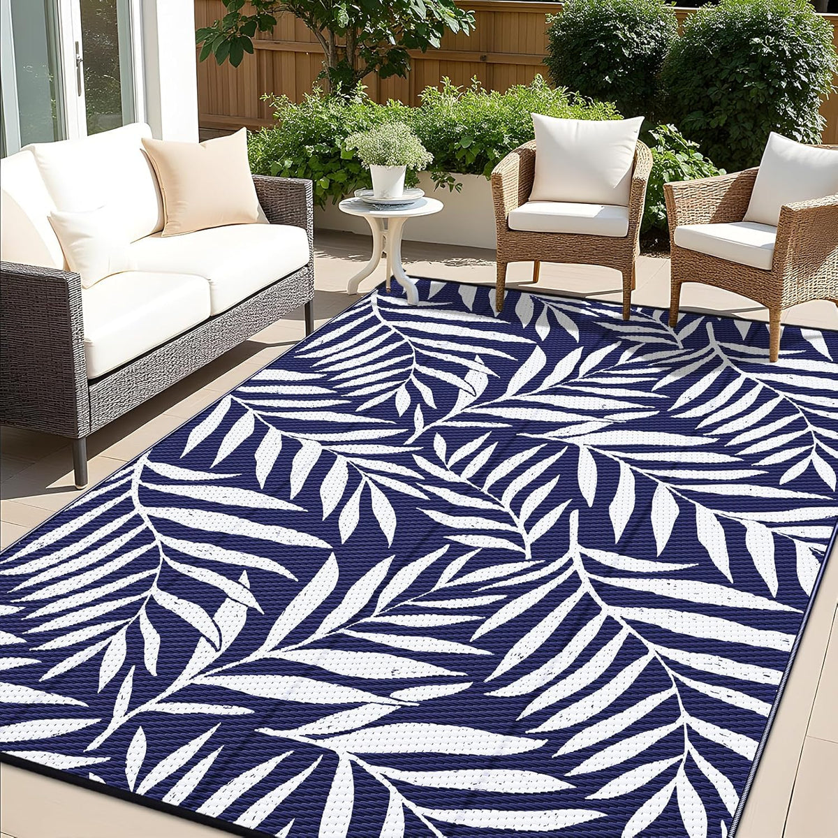 OLANLY Waterproof Outdoor Rug 9x12 ft, Reversible Outdoor Plastic Straw Rug with Leaf Pattern, RV
