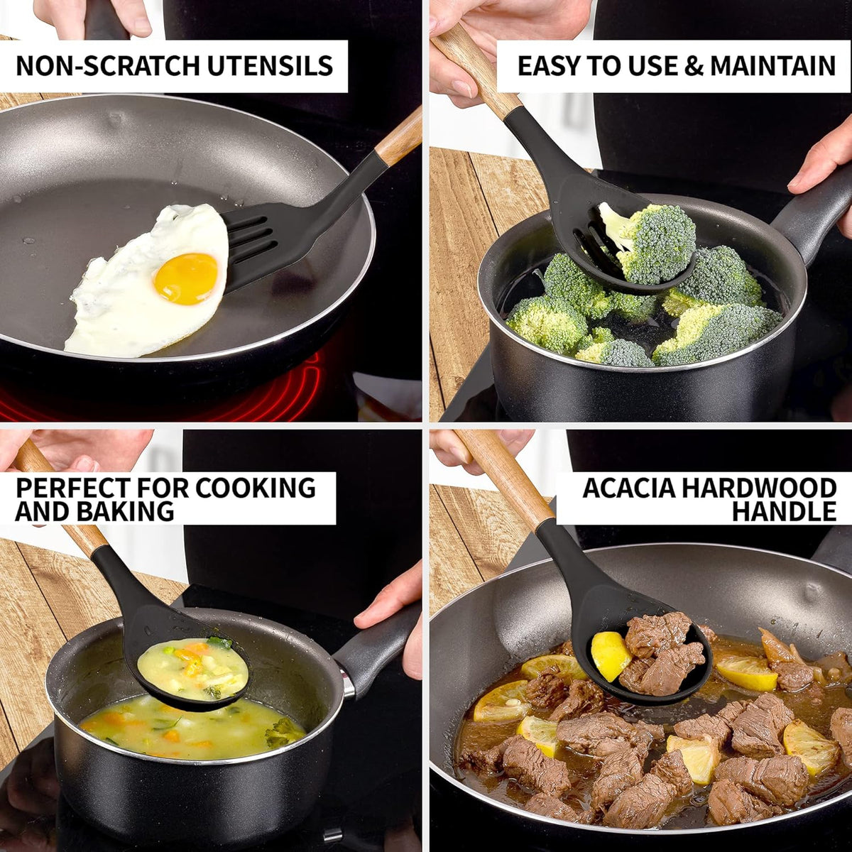 Zulay Kitchen Non-Stick Cooking Utensils Set with Authentic Acacia Wood Handles – 5-Piece Durable &