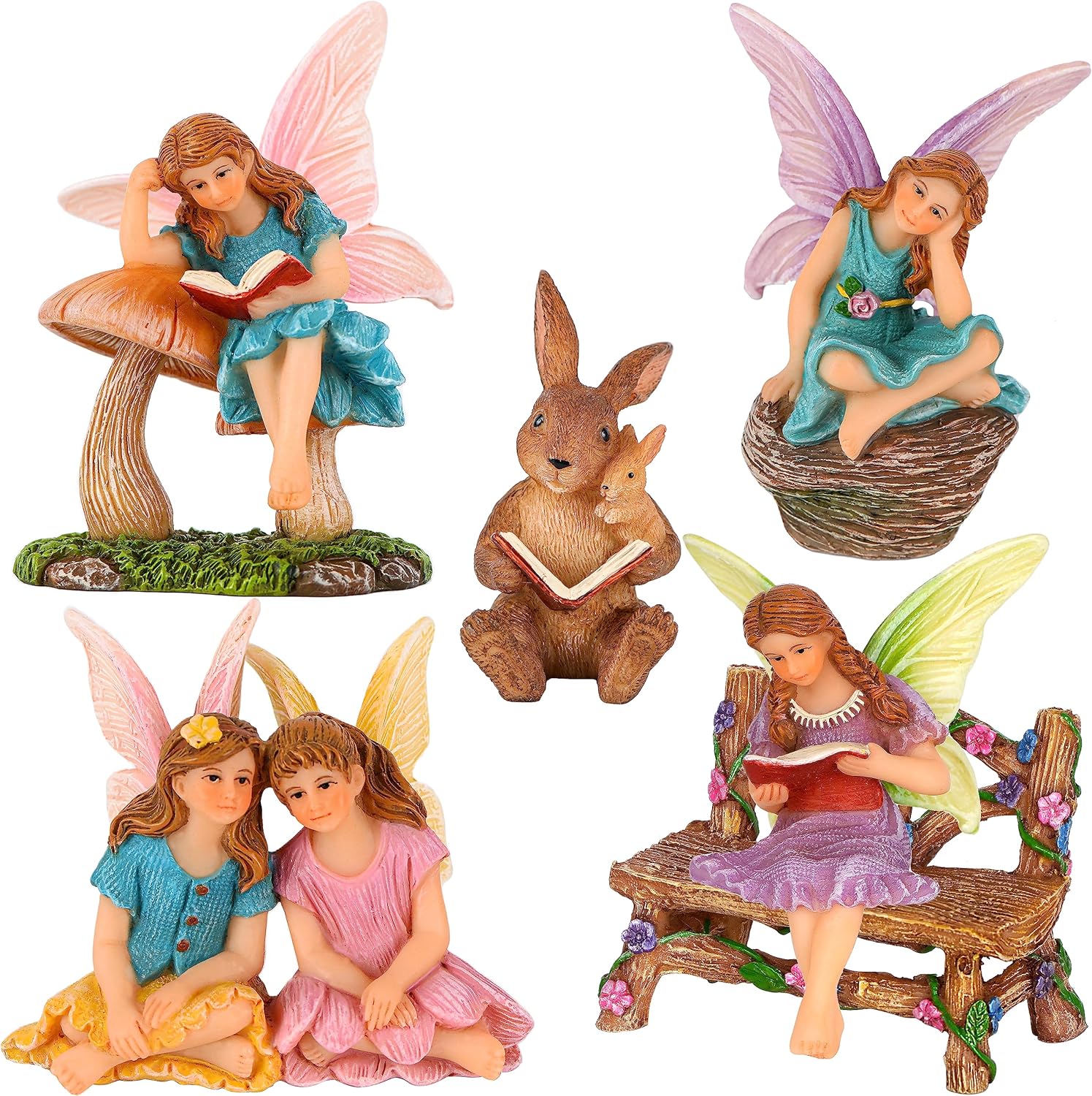 Mood Lab Fairy Garden - Miniature Reading Fairies Figurines Set - Statues & Accessories Decor Kit