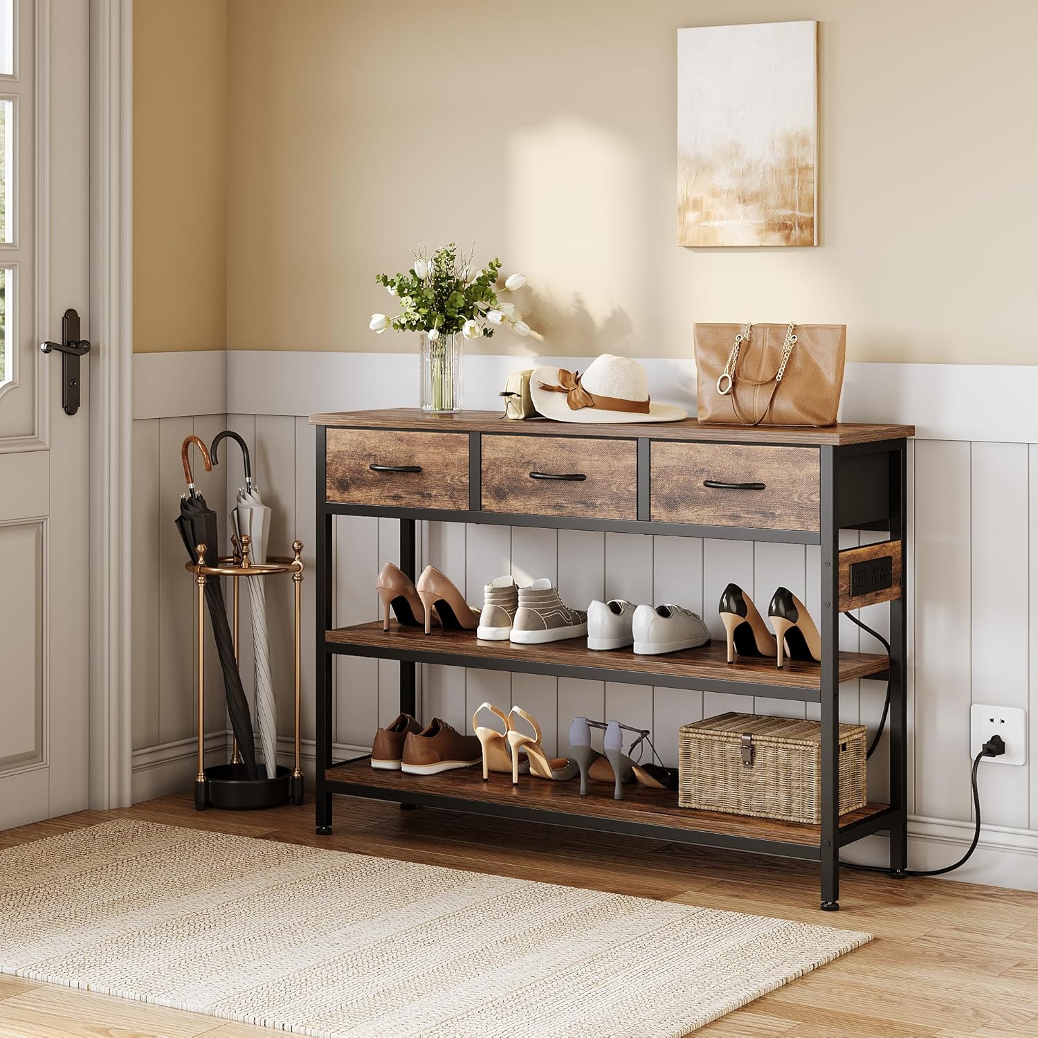 Lulive 2 Pack Entryway Tables with Power Outlets, Console Table with 3 Fabric Drawers, Sofa Table