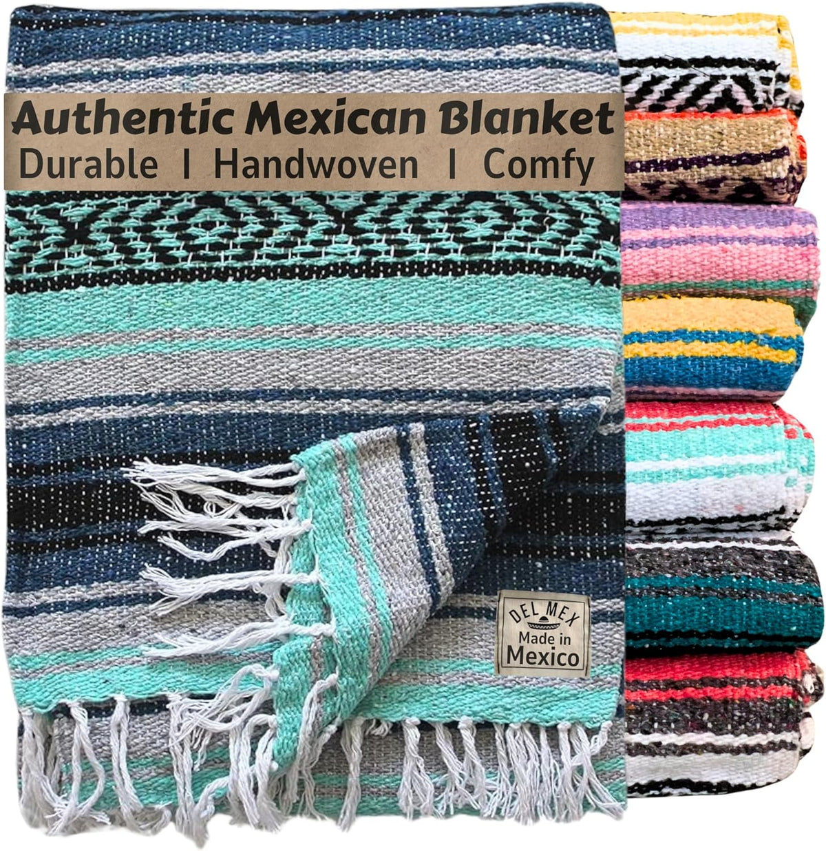 Del Mex Classic Mexican Blanket, Large Authentic Woven Falsa Throw (70"x50"), Artisan Southwest