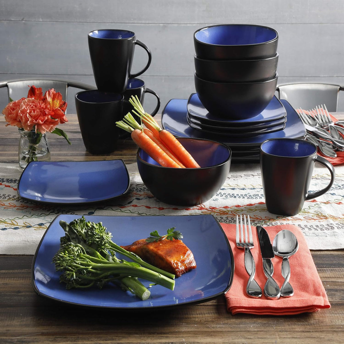 Gibson Elite Soho Lounge Square Reactive Glaze Stoneware Dinnerware Set, Service for 4 (16pc)