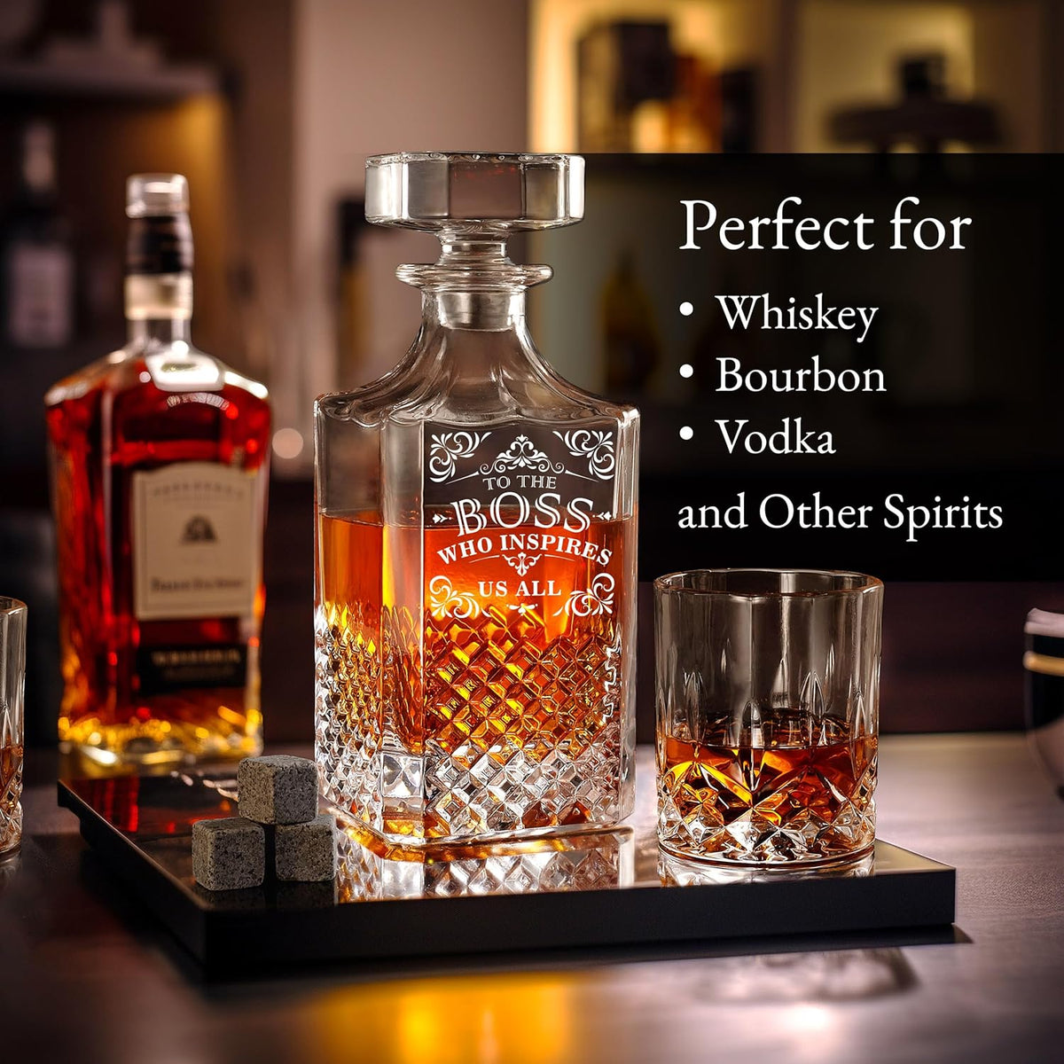 Luxury Gift For Boss - Boss Who Inspires Us All - Unique Engraved Whiskey Decanter Set For The