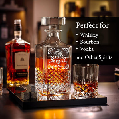 Luxury Gift For Boss - Boss Who Inspires Us All - Unique Engraved Whiskey Decanter Set For The