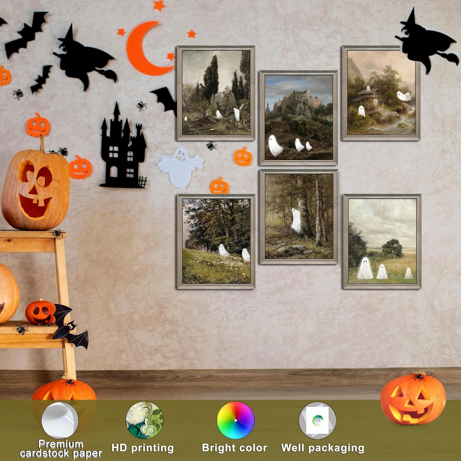 LANCHI95 6 Pcs 8x10in Halloween Wall Art Prints, Vintage Posters, Cute Ghost Pictures for Bedroom