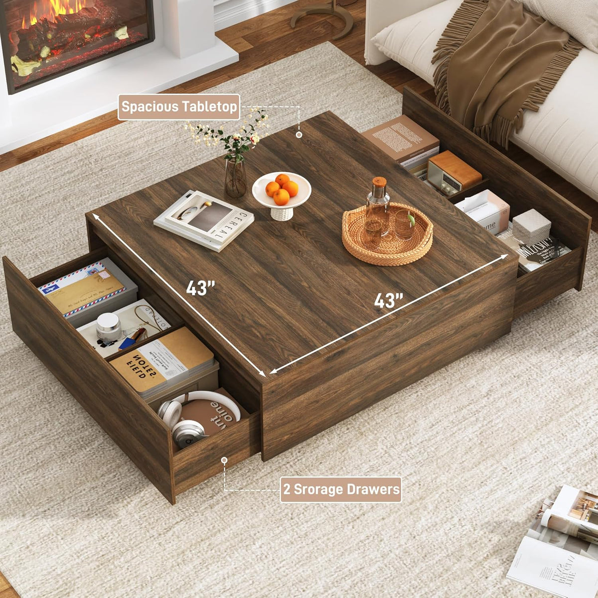 43” Square Coffee Table with Storage, Modern Large Square Center Table with 2 Drawers, Wood Coffee