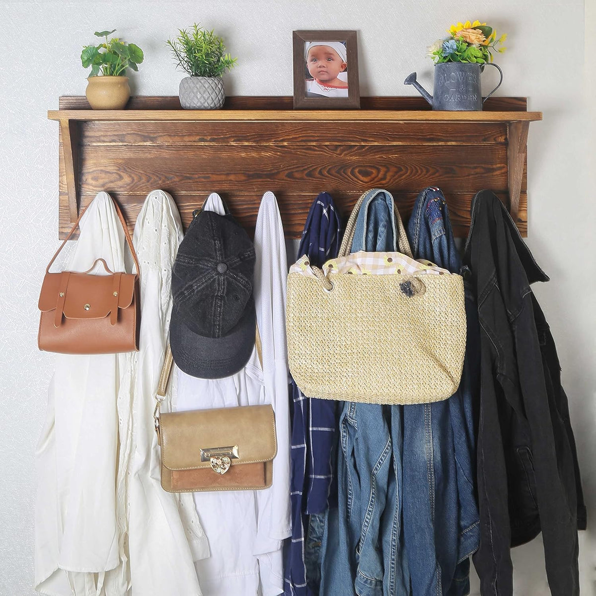 WEBI Coat Rack Wall Mount with Shelf,8 Peg Hooks,34" Long Rustic Entryway Wall Shelf with Hooks