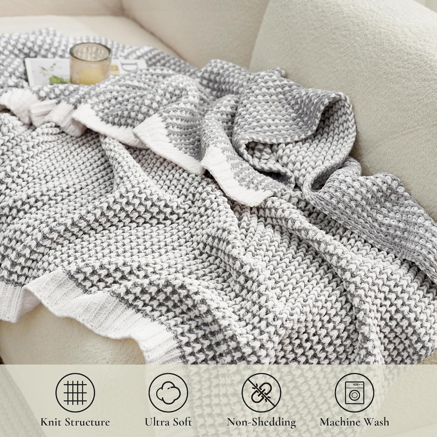 Amélie Home Chenille Waffle Throw Blanket for Couch, Reversible Pineapple Stitch Knit Soft Cozy