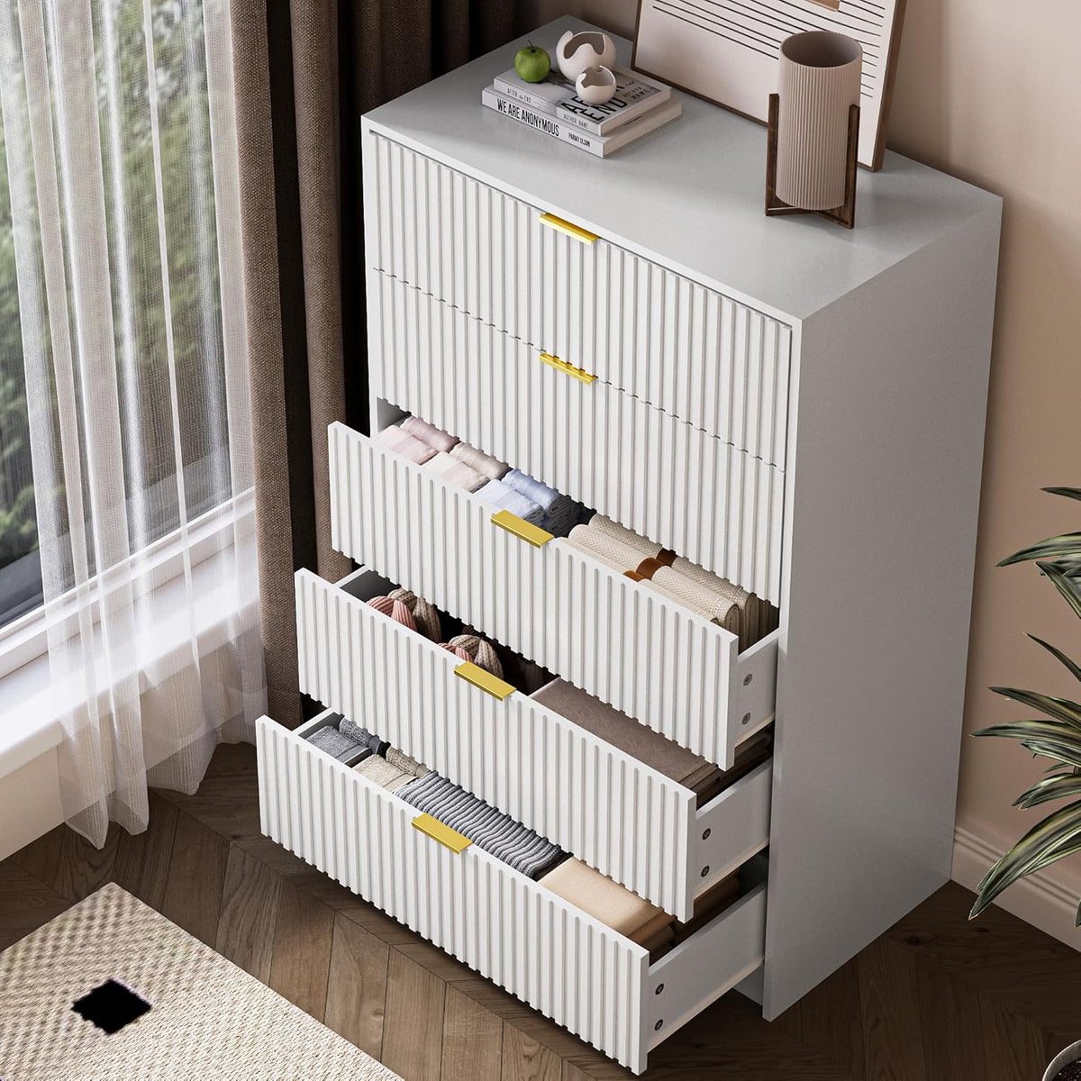 5 Drawer Dresser for Bedroom, Tall Dresser Chest of Drawers with Gold Handles, 32 Inch Wide