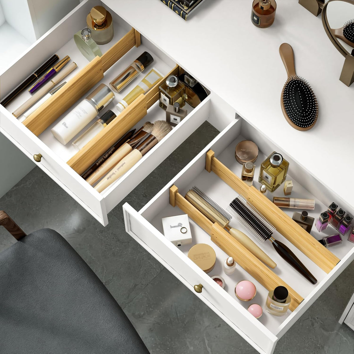 BAMEOS 4 PCS Bamboo Drawer Divider Adjustable Drawer Dividers Kitchen Drawer Organization Utensil