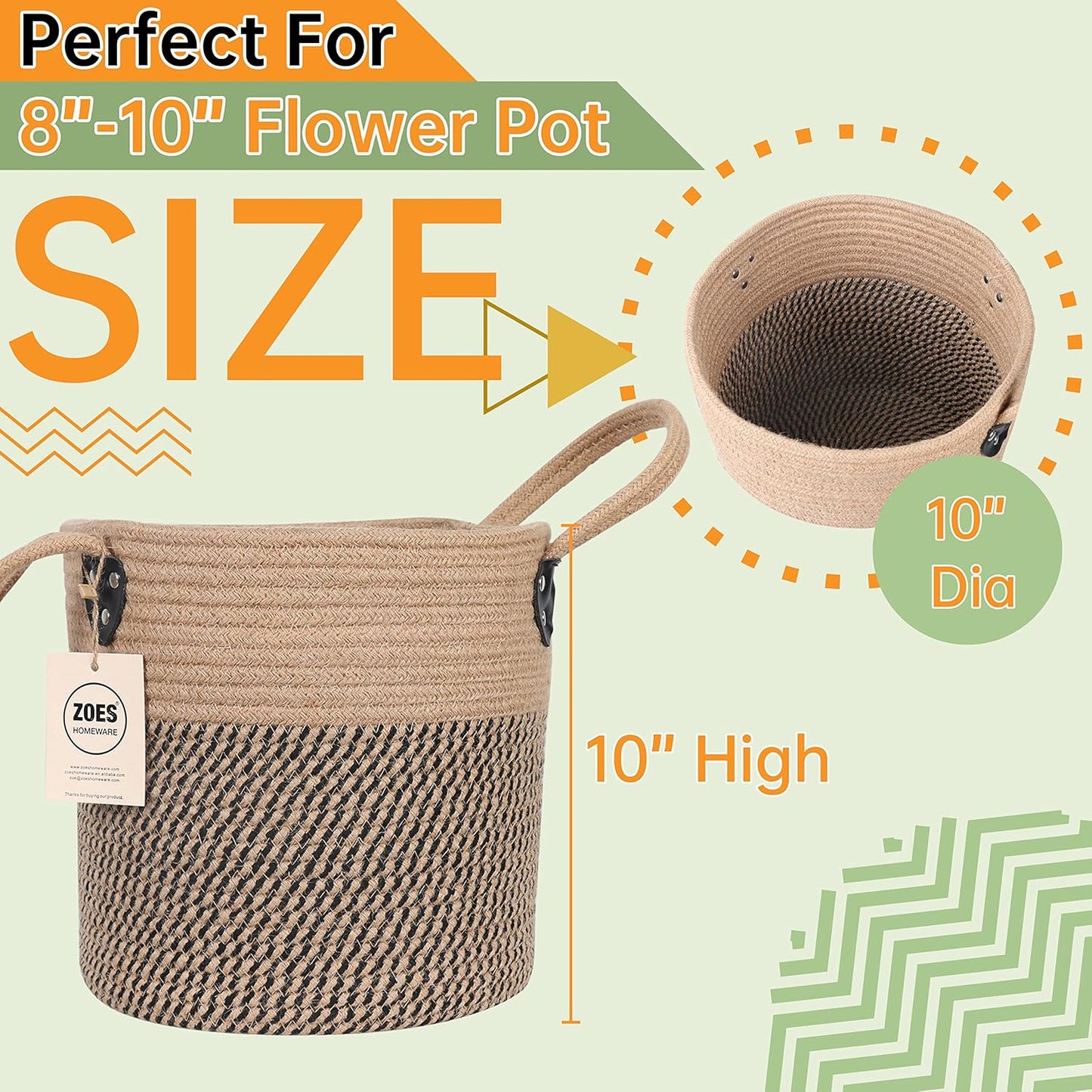 Jute Rope Basket - 10"x10" Woven Plant Pot Holder with Handles, Boho Indoor/Outdoor Planter Cover