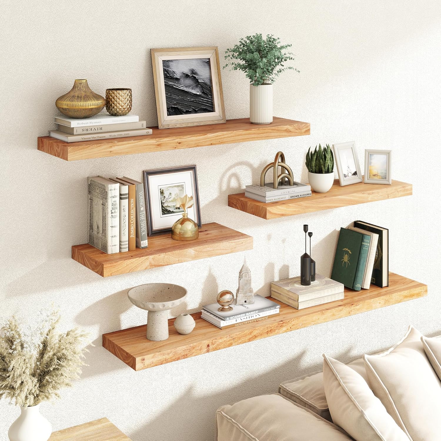 RICHFOCUS Elm Floating Shelves for Wall - 40" W x 9.3" D Rustic Solid Wood Shelves with Invisible