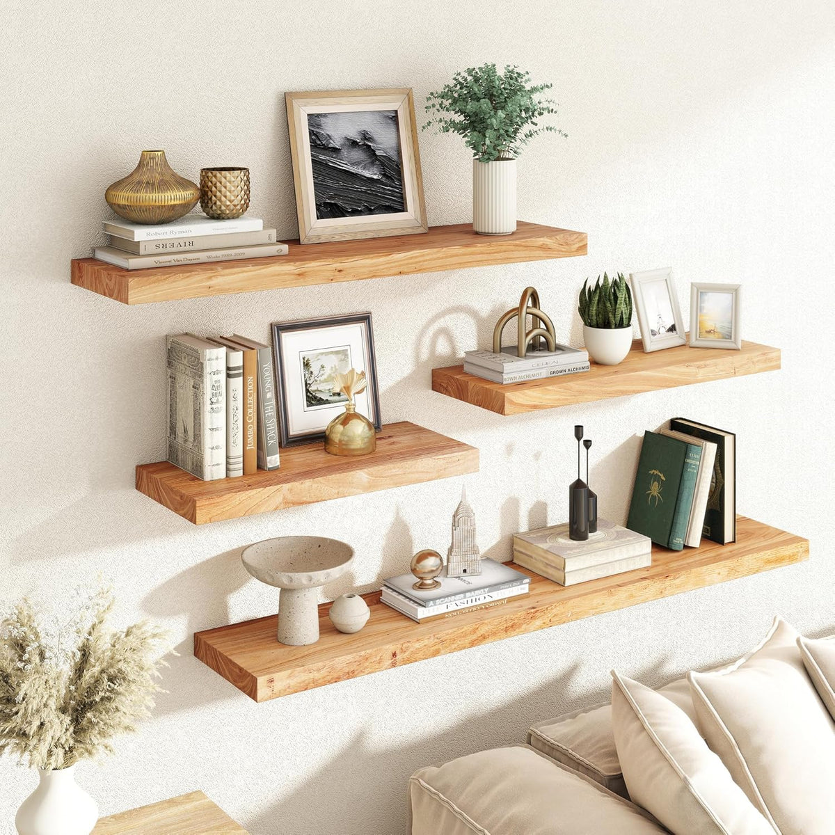 RICHFOCUS Elm Floating Shelves for Wall - 24" W x 9.3" D Rustic Solid Wood Shelves with Invisible