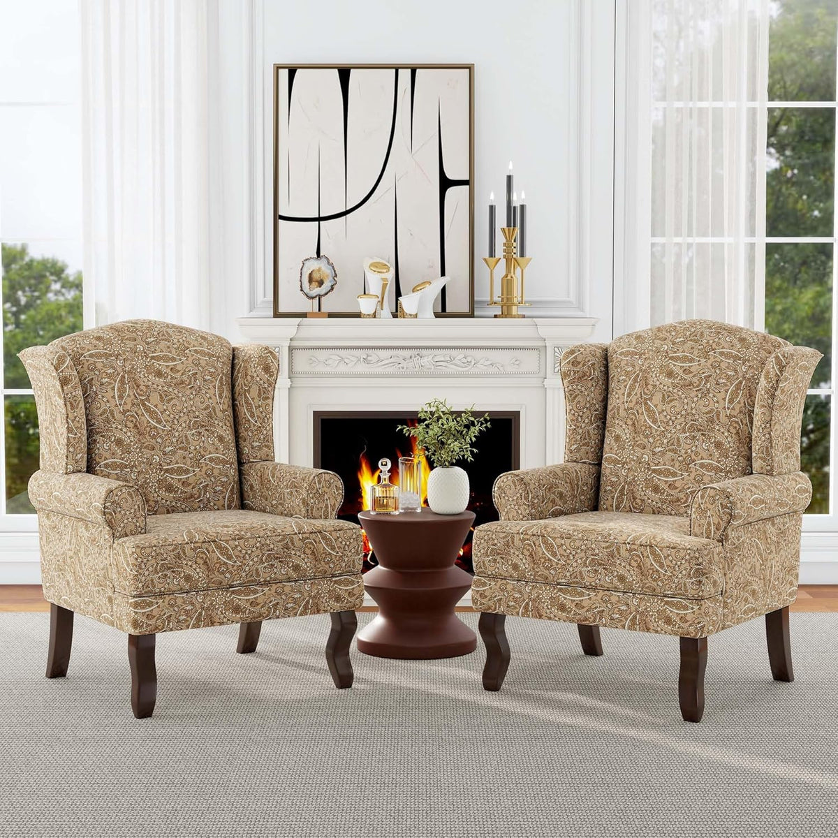 Accent Chair, High Back Upholstered Armchair with High Resilience Sponge & Wood Legs, Mid-Century