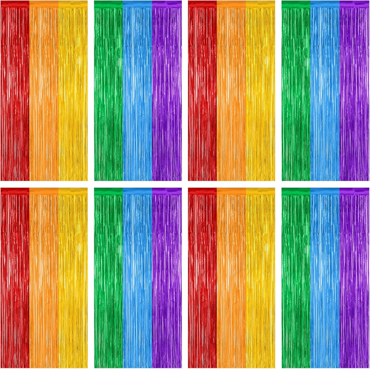 8 Pack Rainbow Backdrop, 3.28 FT x 7.05 FT Backdrop Curtains, Metallic Fringe Curtains Tinsel