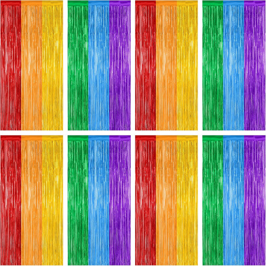 8 Pack Rainbow Backdrop, 3.28 FT x 7.05 FT Backdrop Curtains, Metallic Fringe Curtains Tinsel