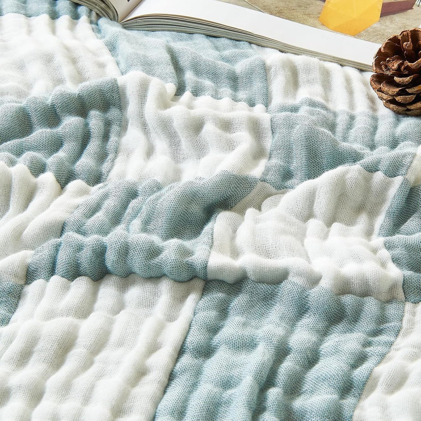 EMME Checkered Throw Blanket Cotton for Couch Soft Muslin Bamboo Blankets 50"x60" Lightweight