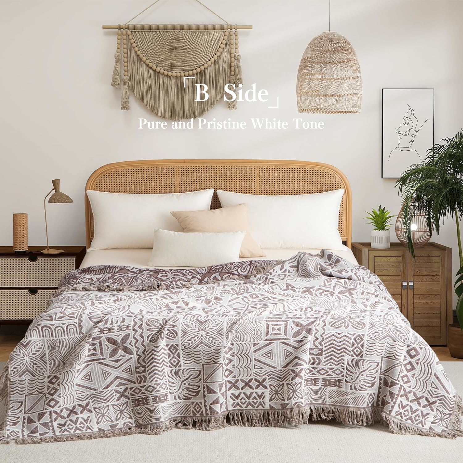 Boho Throw Blanket Twin Size, Soft Cozy Cotton Muslin Quilt Blanket for Bed Decor, Patchwork Block
