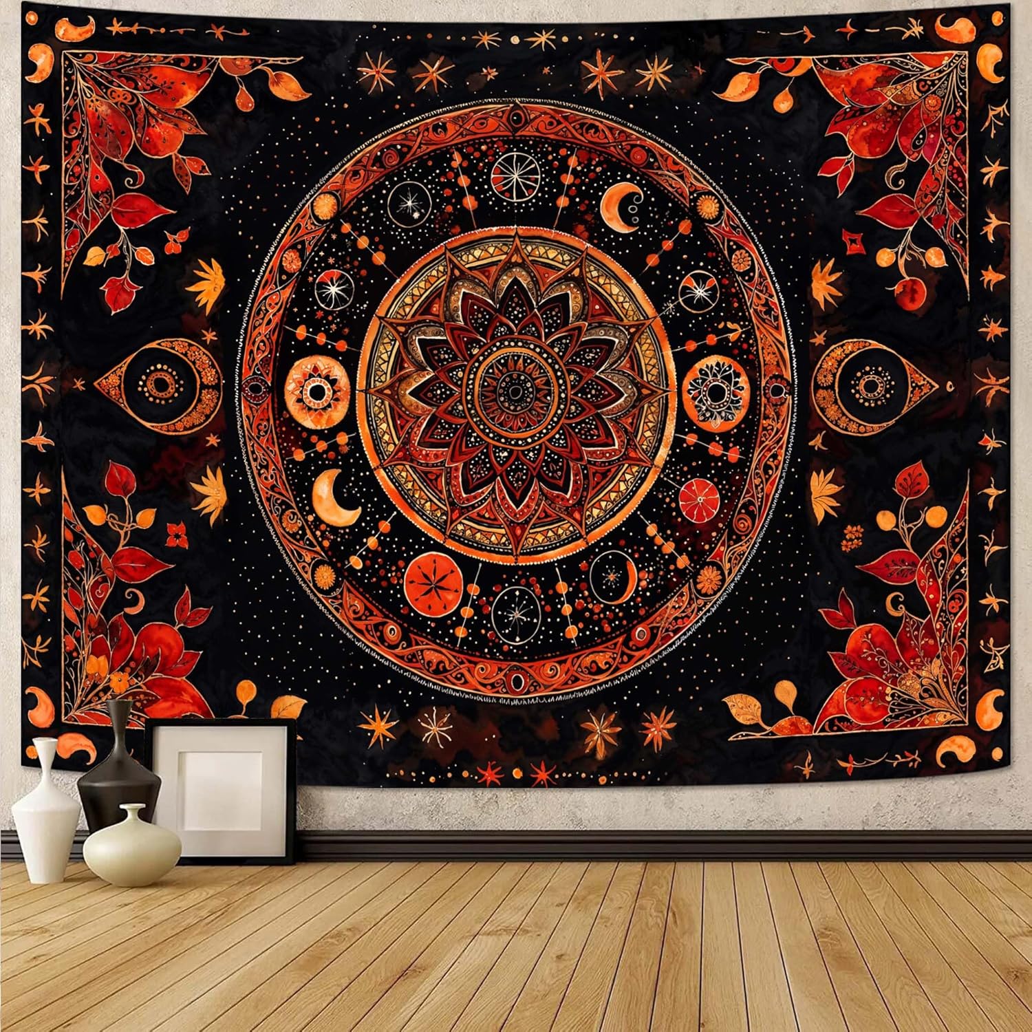 Lunerfex Mandala Moon and Stars Tapestry Boho Tapestry for Bedroom Black and Orange Tapestries Wall