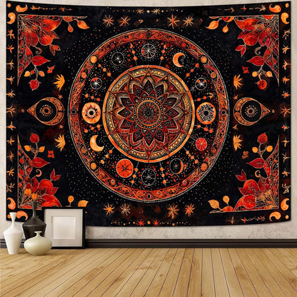 Lunerfex Mandala Moon and Stars Tapestry Boho Tapestry for Bedroom Black and Orange Tapestries Wall
