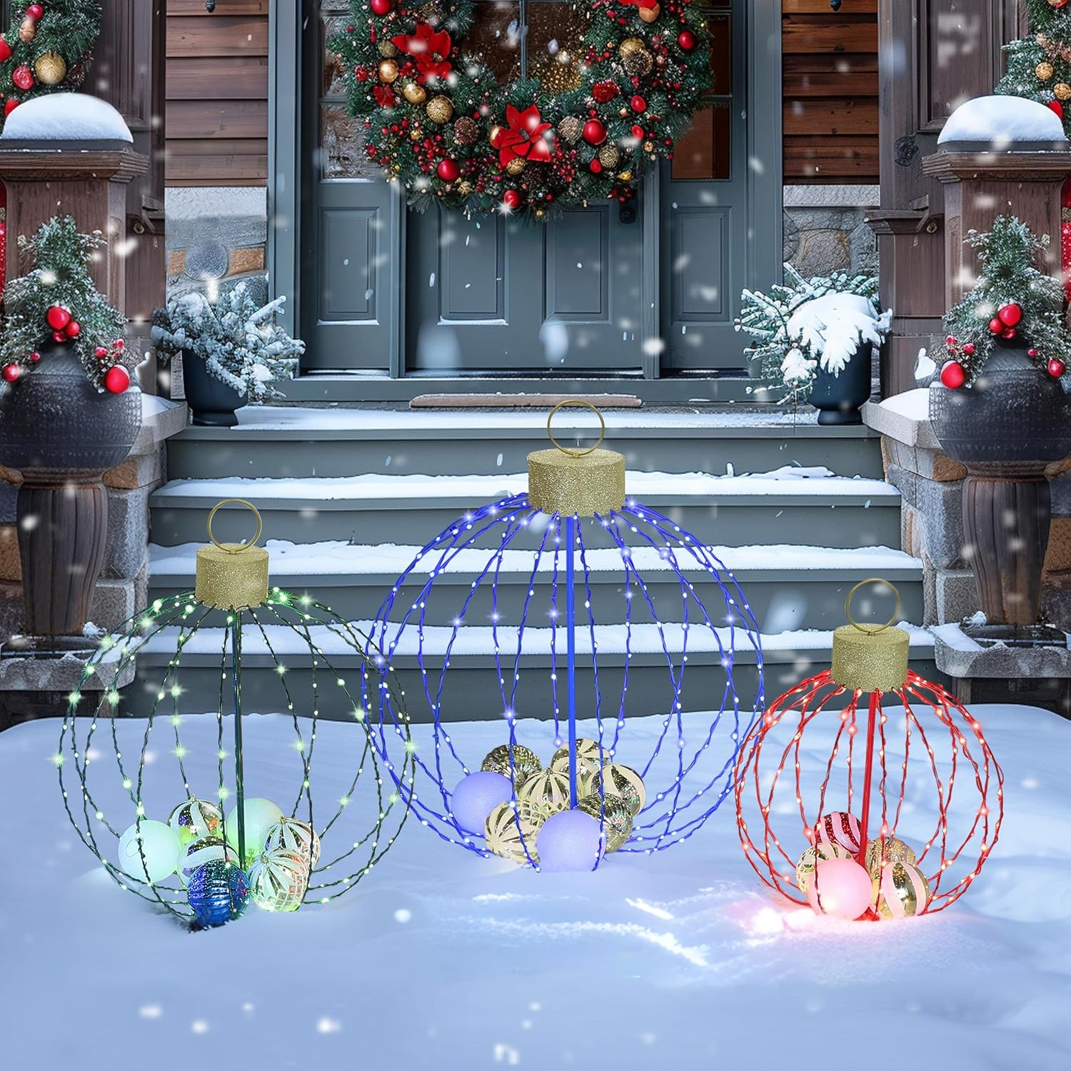 Outdoor Christmas Decorations, Set of 3 Lighted Christmas Ball Ornaments with 570 LED Lights, 6