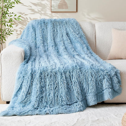 GONAAP Fuzzy Faux Fur Throw Blanket Twin Size Light Blue Super Soft Cozy Plush Fuzzy Shaggy Blanket