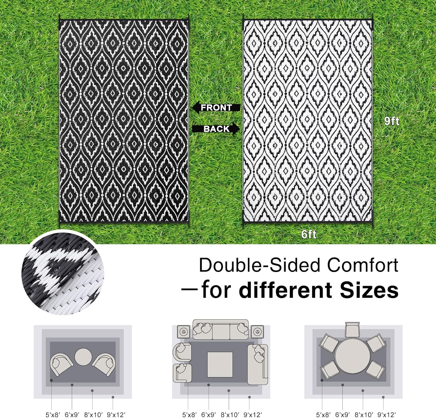 OLANLY Outdoor Rug 6x9 ft Waterproof, Outdoor Plastic Straw Rug with Geometric Pattern Clearance