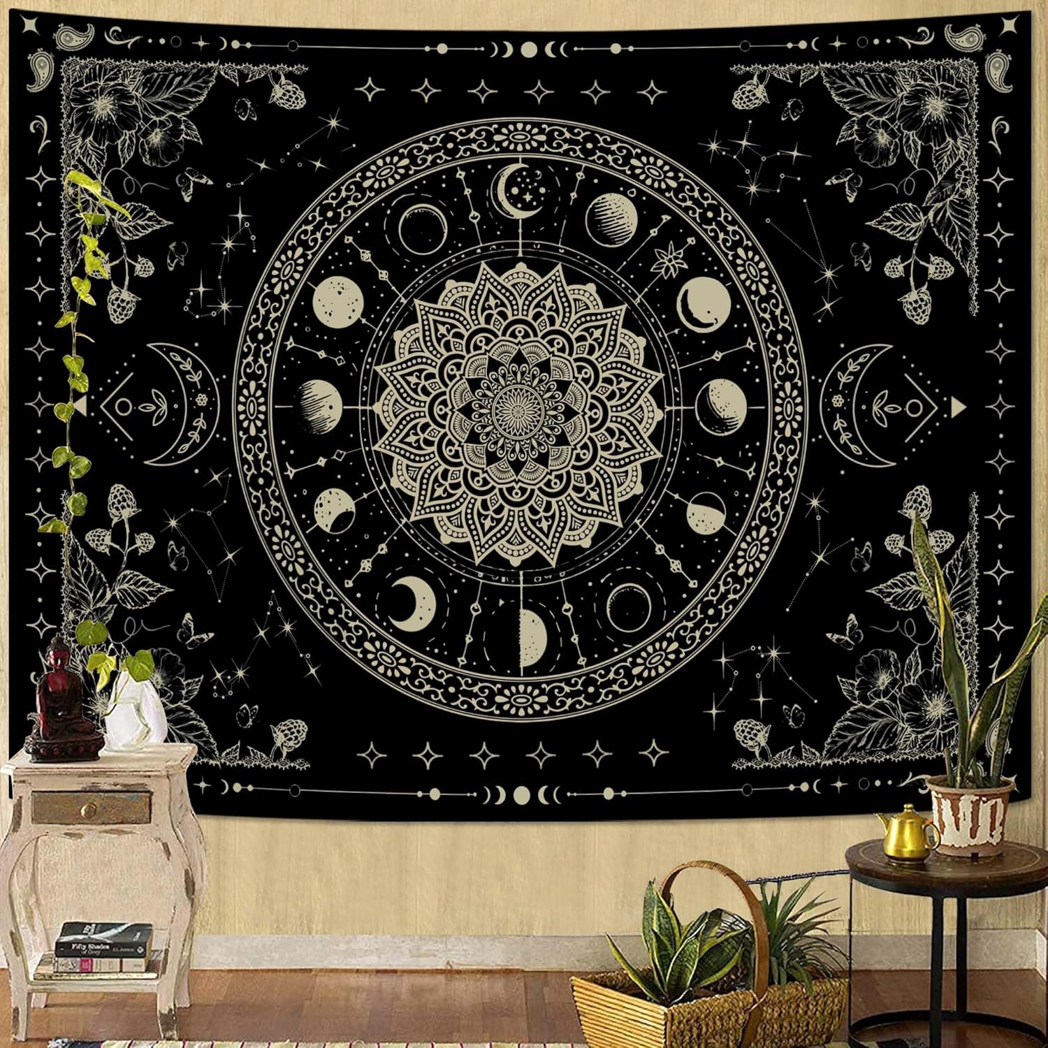 Lunerfex Mandala Moon Tapestry Boho Tapestry for Bedroom Black Tapestries Wall Hanging Living Room