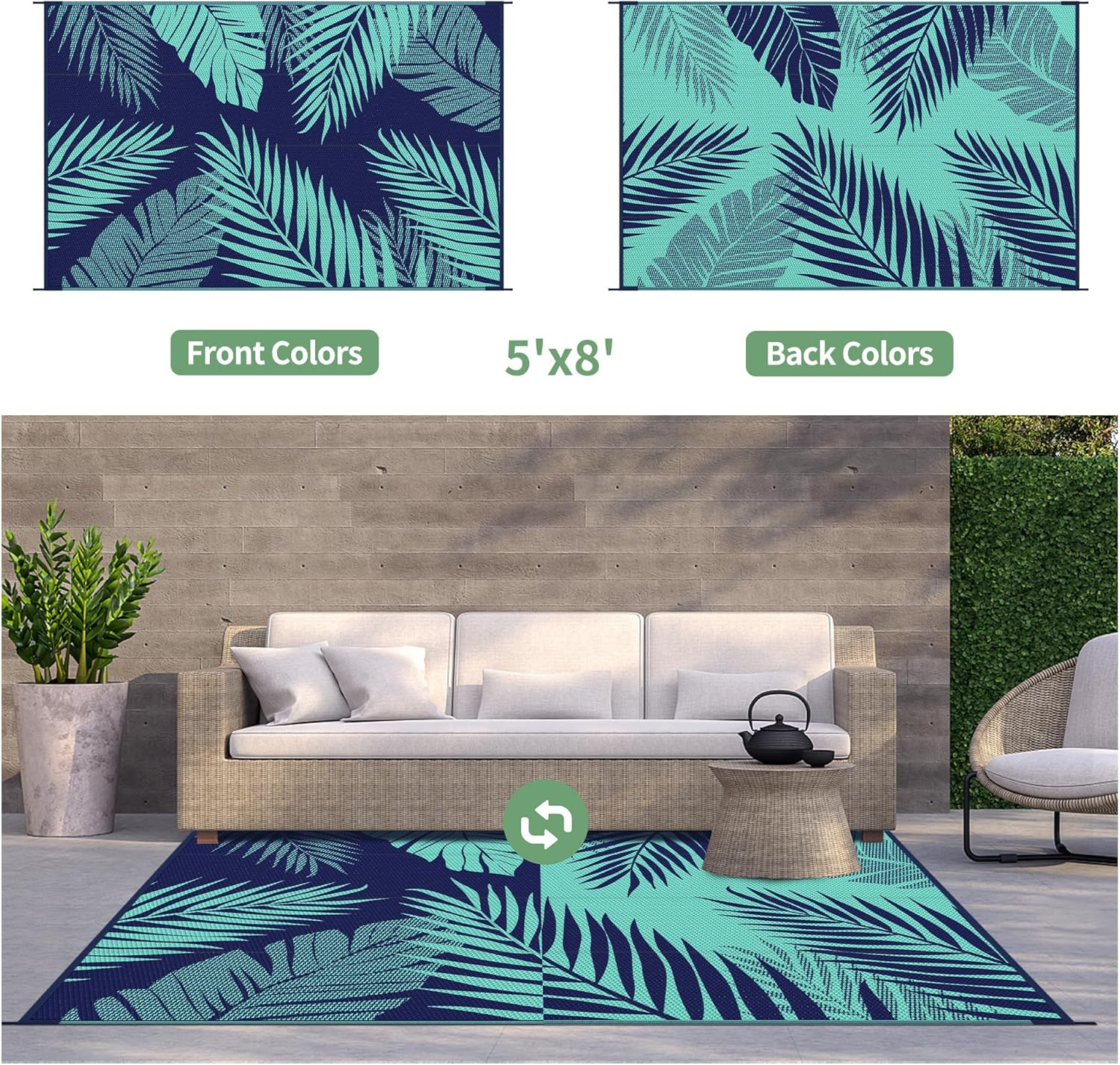 GENIMO Outdoor Rug 5' x 8' Waterproof for Patios Clearance, Reversible Outdoor Plastic Straw