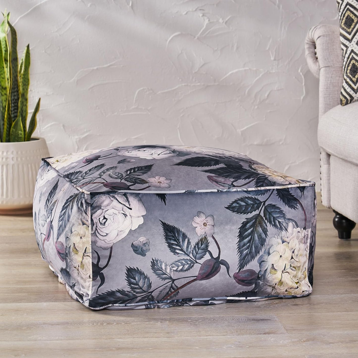 GDFStudio Traditional Velvet Flower Print Cube Pouf Ottoman Foot Stool - Bean Bag Floor Chair