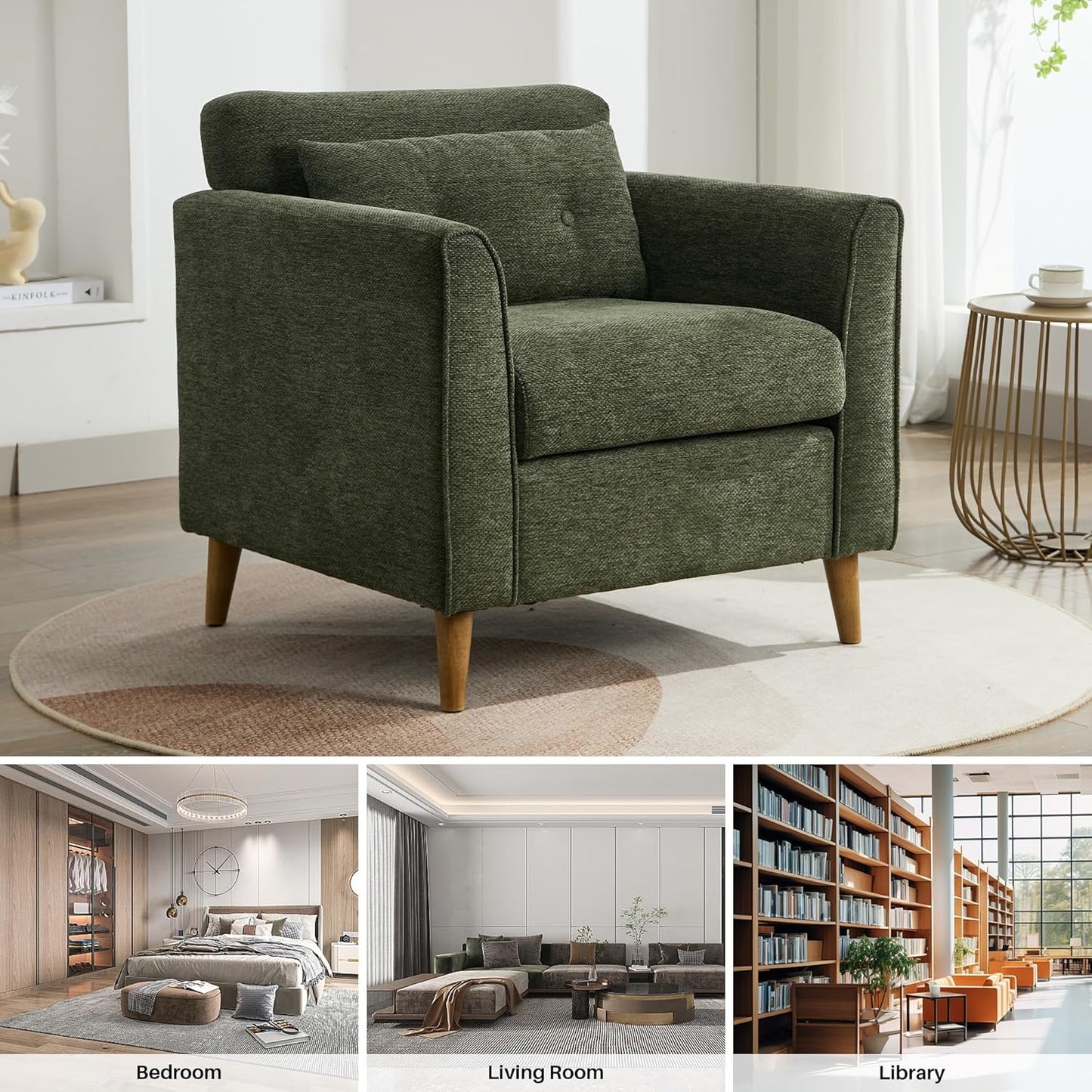 Modern Accent Chair with Wooden Legs Plush Fabric Armchair Cozy Reading Chair for Living Room