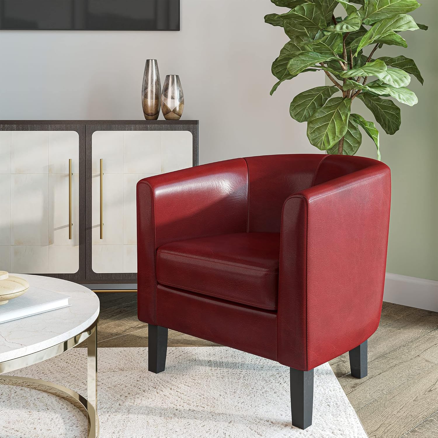 BELLEZE Accent Barrel Chair, Linen Round Chair Club Tub Sofa Corner Chair with Flared Legs and Cozy