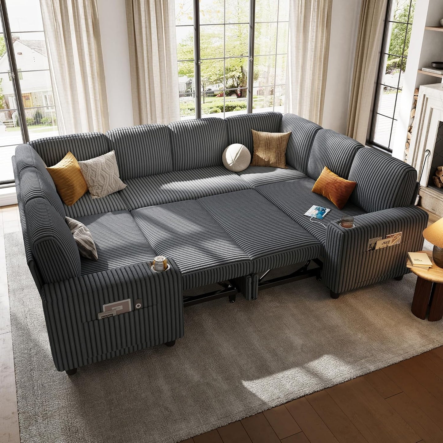LINSY HOME Sectional Sleeper Sofa with Pull Out Couch Bed - Convertible Plush Corduroy Cloud Couch