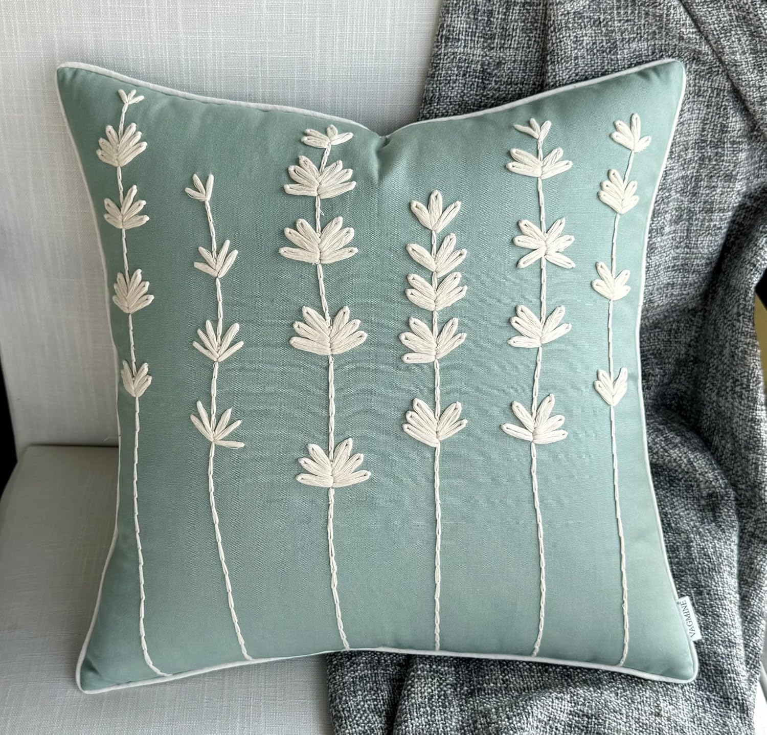 VAGMINE Hand Embroidered Daisy Accent Throw Pillow Cover - 20x20 Inches Square - 100% Cotton Light
