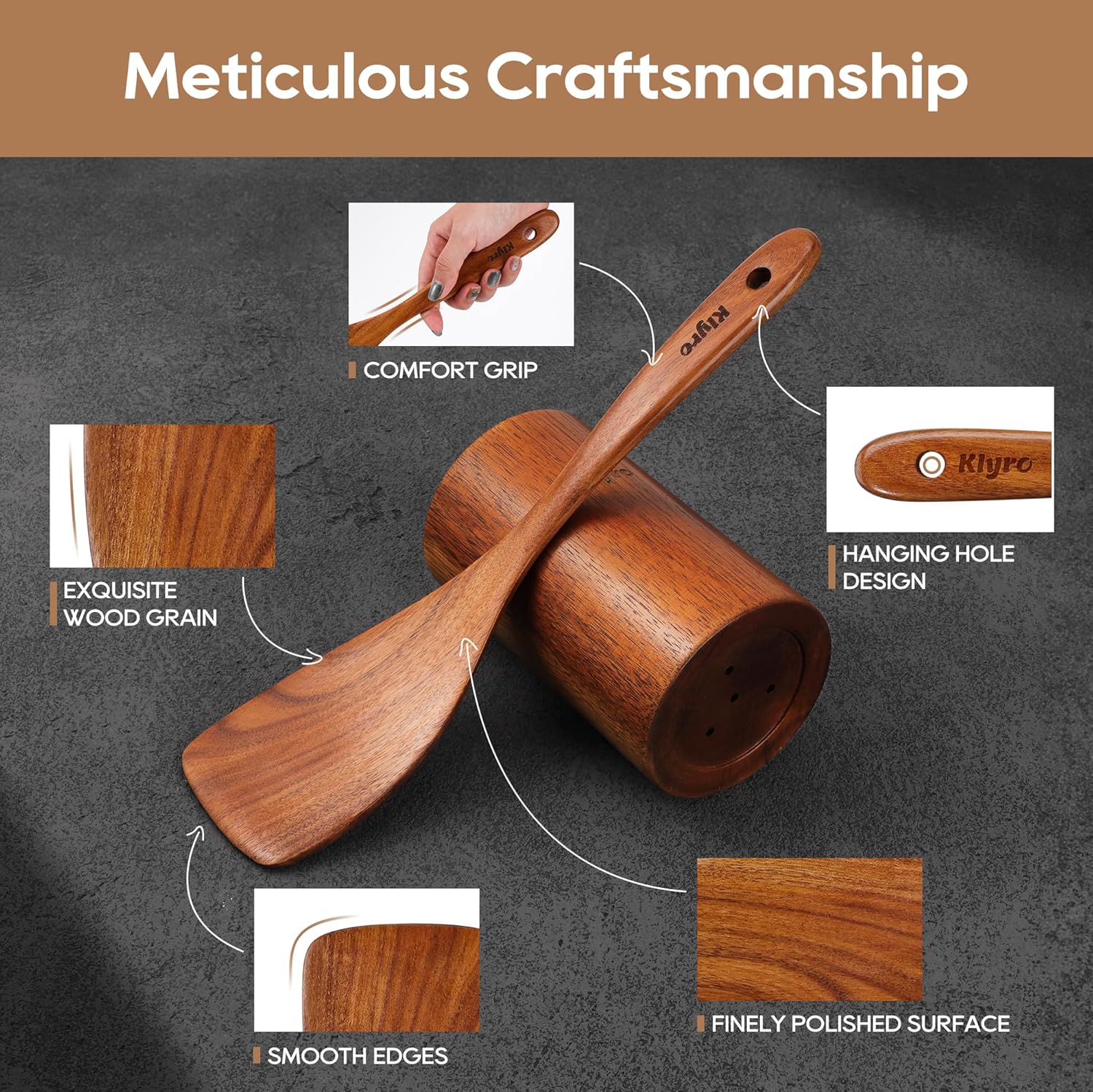 Teak Wooden Cooking Utensils Set, 10 Piece Premium Kitchen Cookware, Non-Scratch Wooden Spoons for