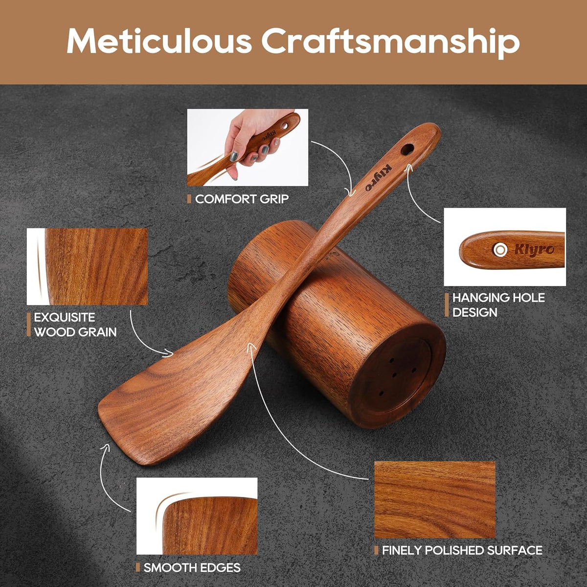 Teak Kitchen Utensils Set, 5 Piece Premium Wooden Cooking Utensils Set, Non-Stick Heat-Resistant