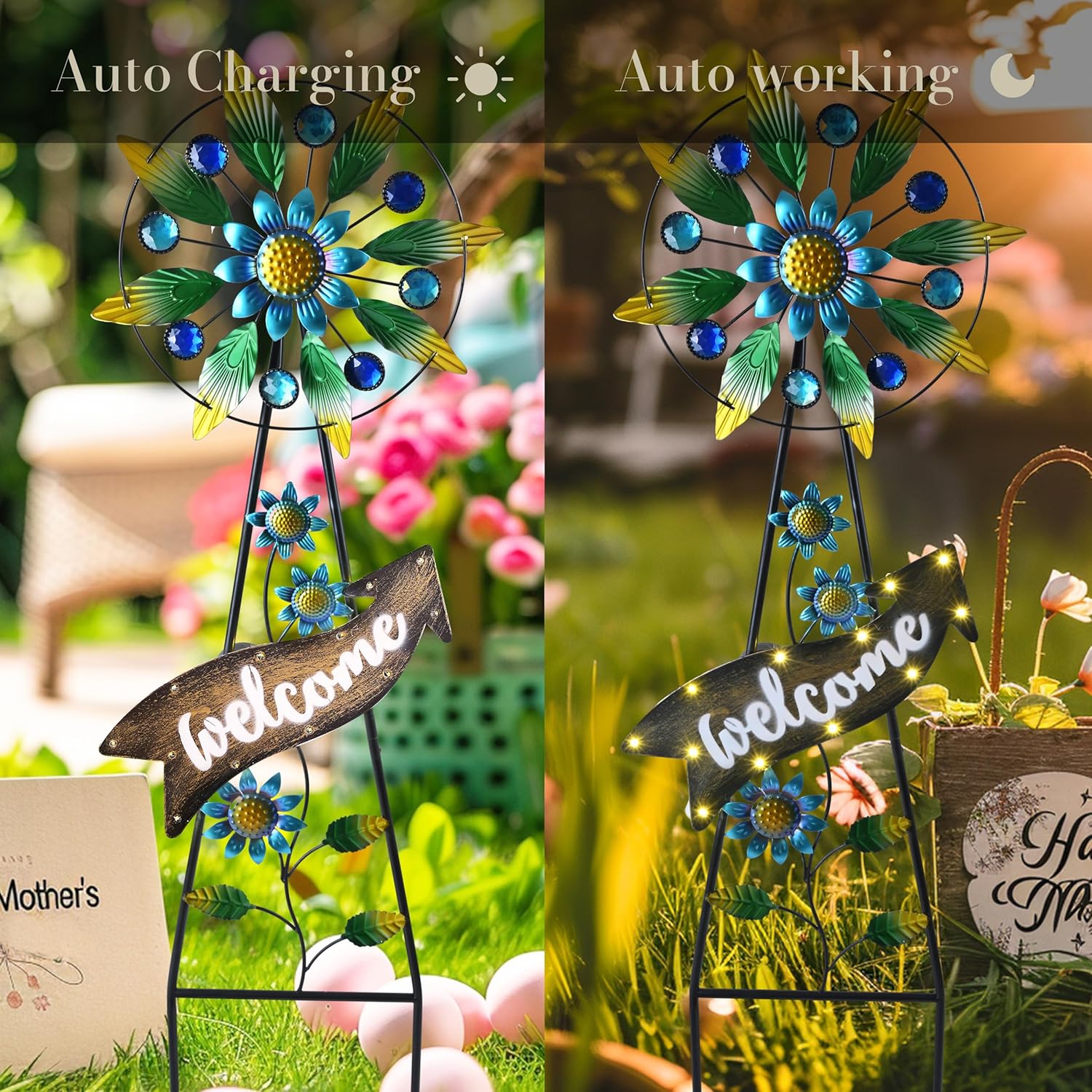 TERESA'S COLLECTIONS Hummingbird Garden Solar Stake, Wind Spinner Yard Art Sign for Outdoor Decor