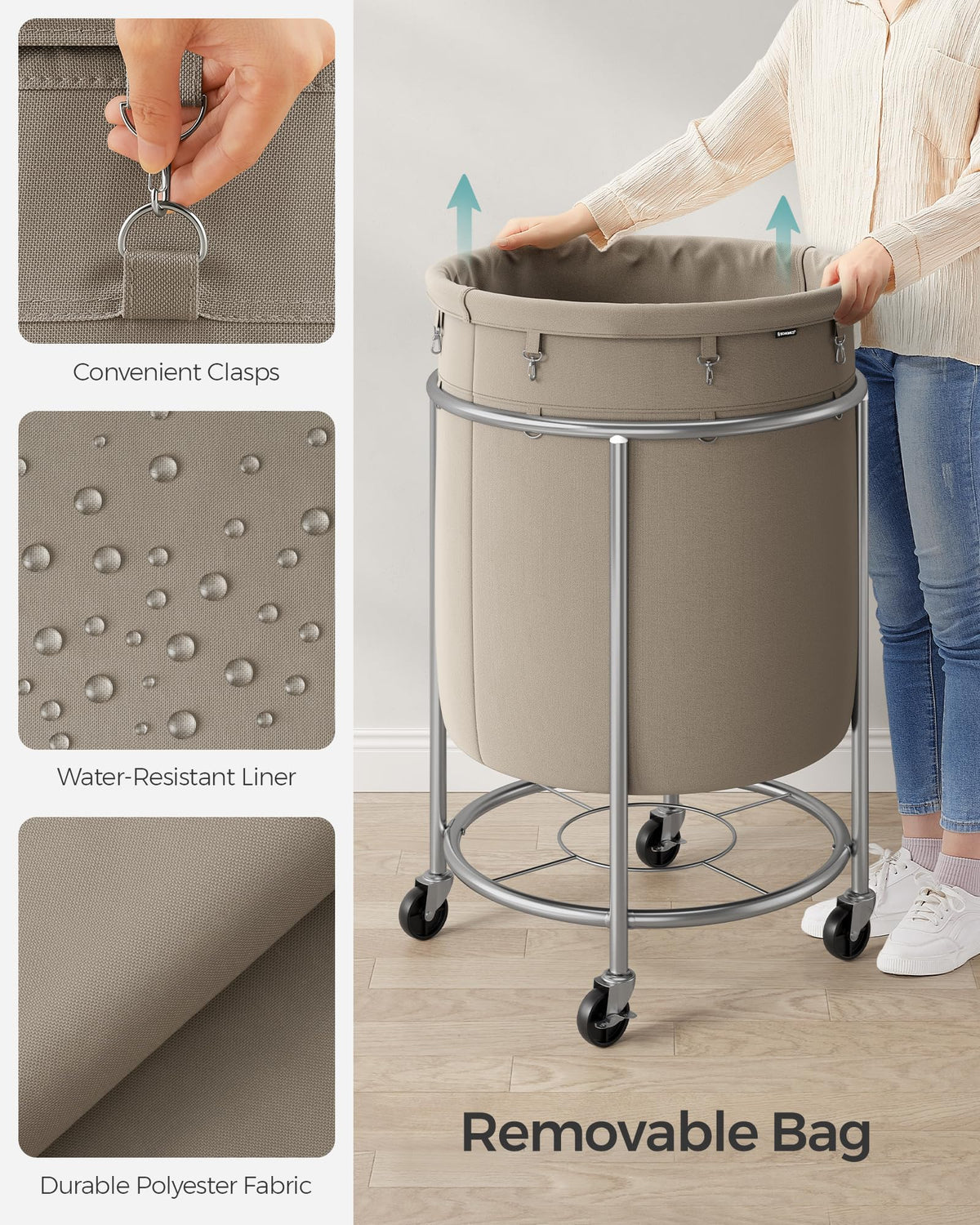 SONGMICS Laundry Basket with Wheels, 29 Gal., Steel Frame, Removable Bag