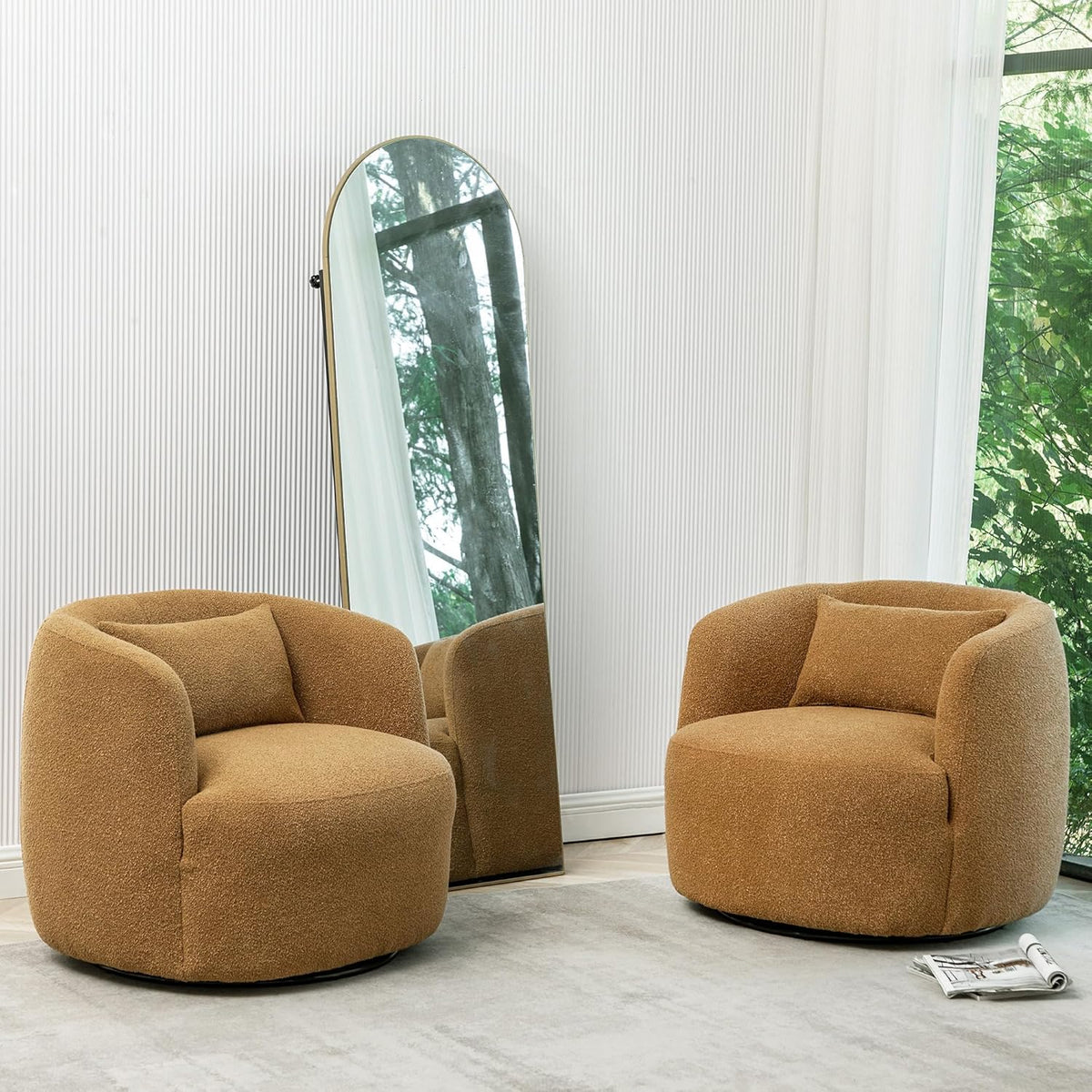 KINWELL 34" Wide Boucle Swivel Barrel Chairs Set of 2, No Assembly Round Upholstered Armchairs