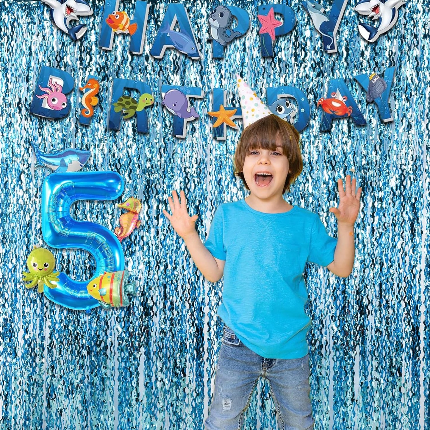 Wavy Blue Streamers Party Backdrop - GREATRIL Fringe Curtain for Pool