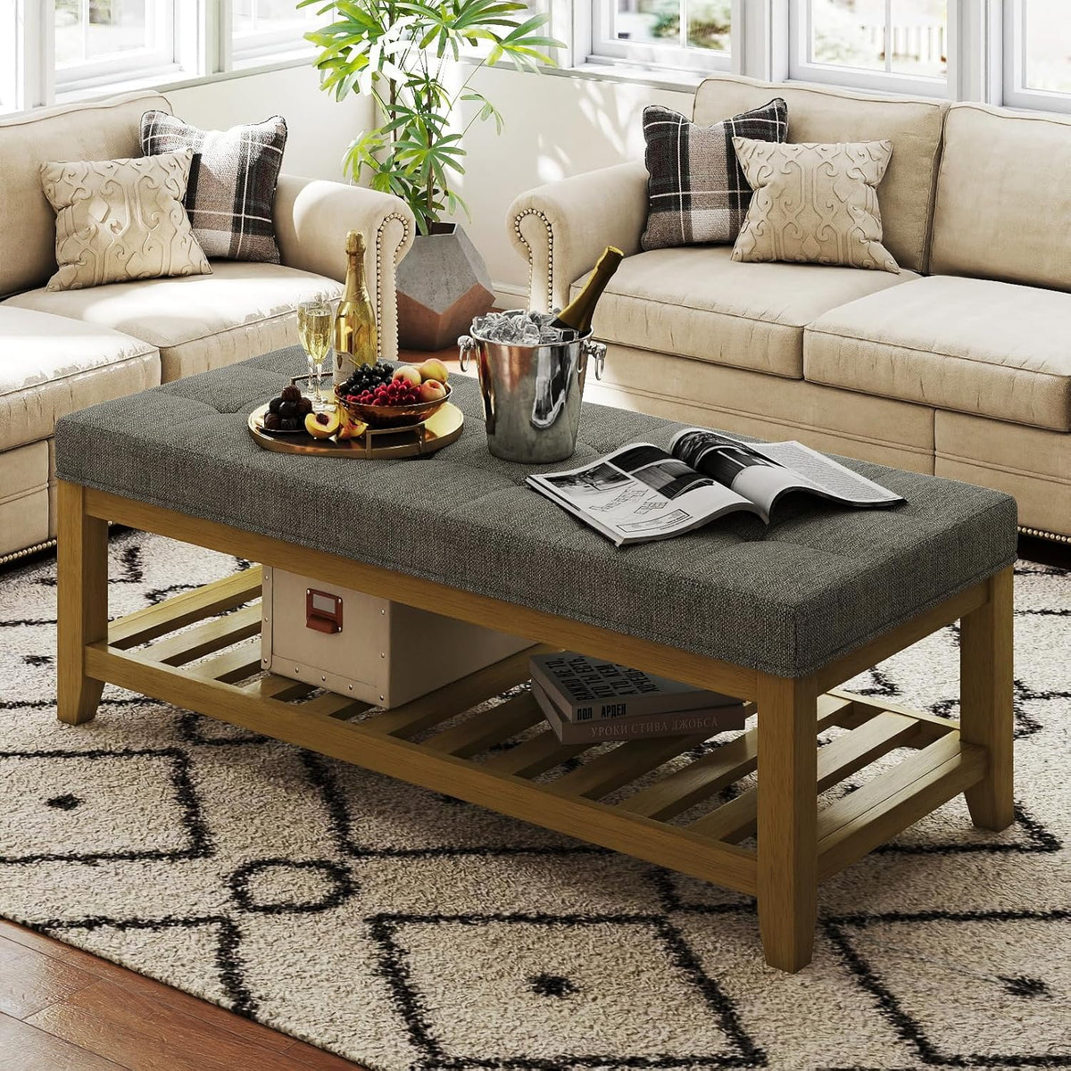 Large Rectangular Upholstered Ottoman Bench, Linen Tufted Footrest Ottoman with Solid Wood Shelf