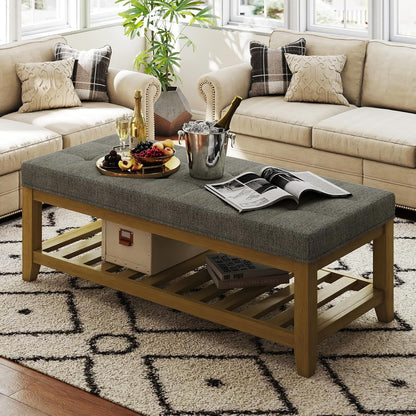 Large Rectangular Upholstered Ottoman Bench, Linen Tufted Footrest Ottoman with Solid Wood Shelf
