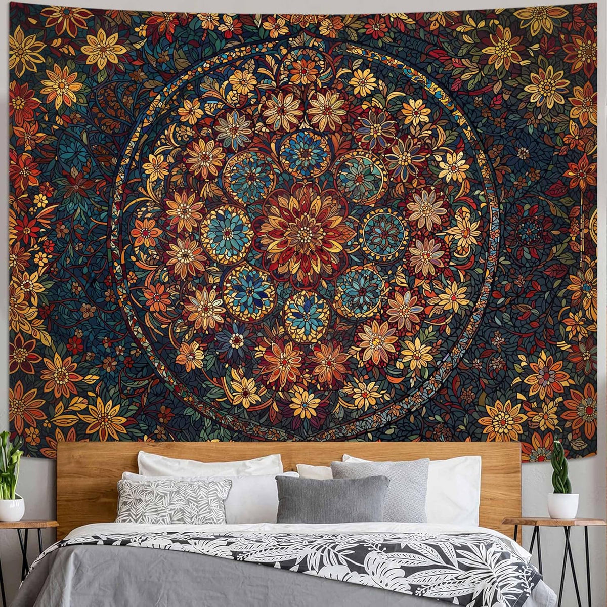 Fowocu Boho Floral Mandala Tapestry Wall Hanging Vintage Bohemian Flower Medallion Tapestry