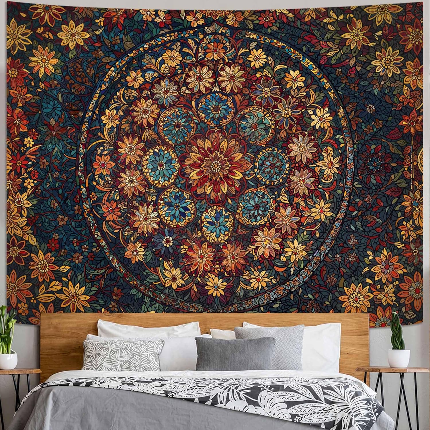 Fowocu Boho Floral Mandala Tapestry Wall Hanging Vintage Bohemian Flower Medallion Tapestry
