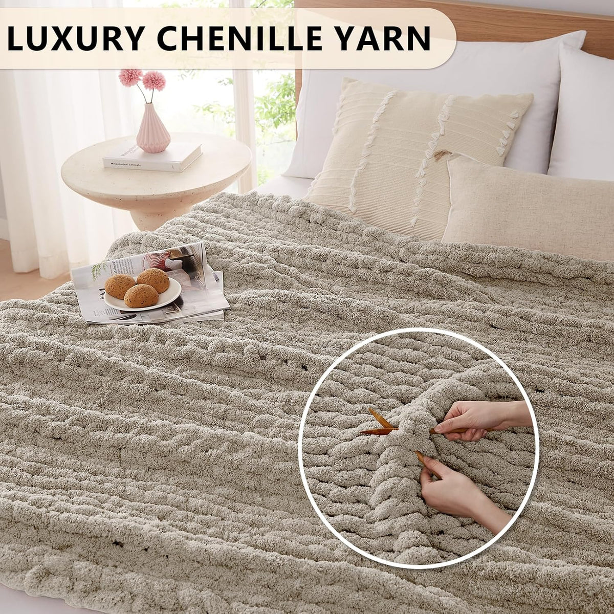 L'AGRATY Chunky Knit Blanket Throw: 60''x80'' Chenille Chunky Knitted Throw Blanket for Bed Couch