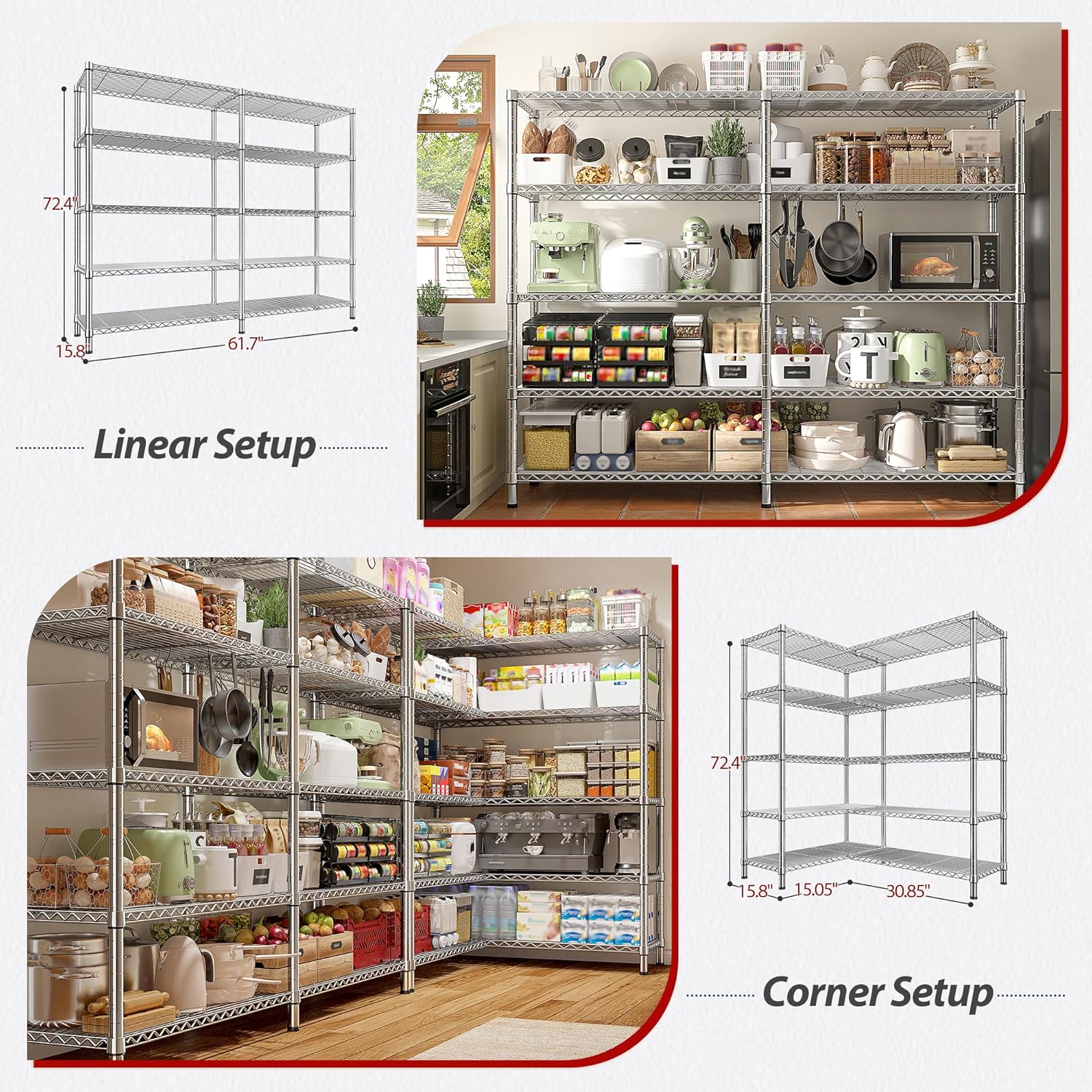 REIBII 1500LBS Storage Shelves 61.7''W Wire Shelving Unit 5 Tier Metal Shelving for Storage Rack