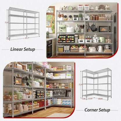 REIBII 1500LBS Storage Shelves 61.7''W Wire Shelving Unit 5 Tier Metal Shelving for Storage Rack