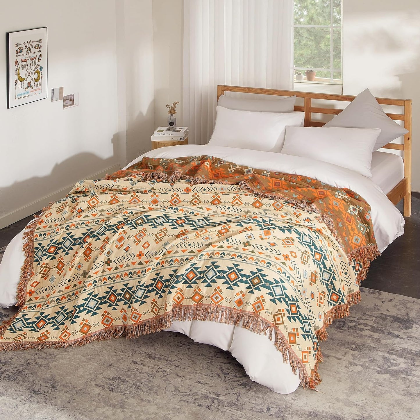 Boho Throw Blanket for Bed 80”x90”, 100% Cotton Woven Blanket for Couch Sofa, Ultra Soft 4-Layer