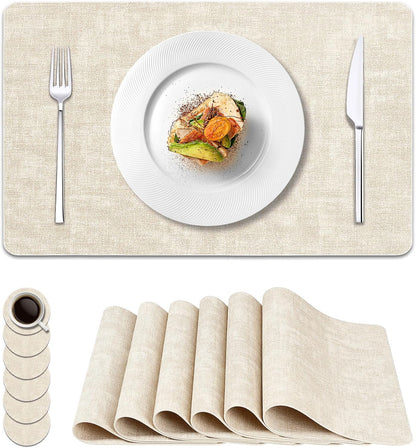 Vinyl Placemats Set of 6, Faux Leather Waterproof and Heat Resistant Place Mats, Washable Anti-Slip